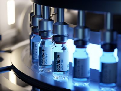 Development and manufacture process of a new vaccine. Final production of filled vials of Covid-19 vaccine. Bio science 3D illustration.